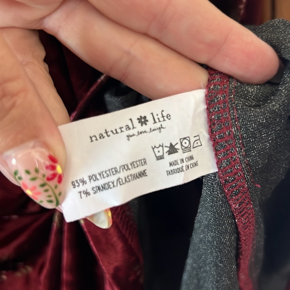 NATURAL LIFE Claire Velvet Boho Mini Dress Cranberry Fan Motif with Pockets| L - Picture 6 of 8
